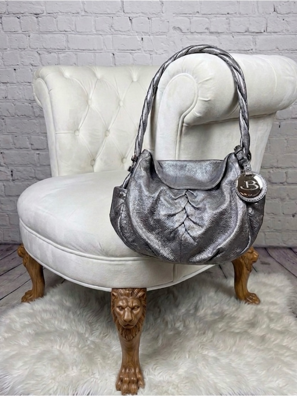 b. makowsky Metallic Silver Braided-Handle Shoulder Bag